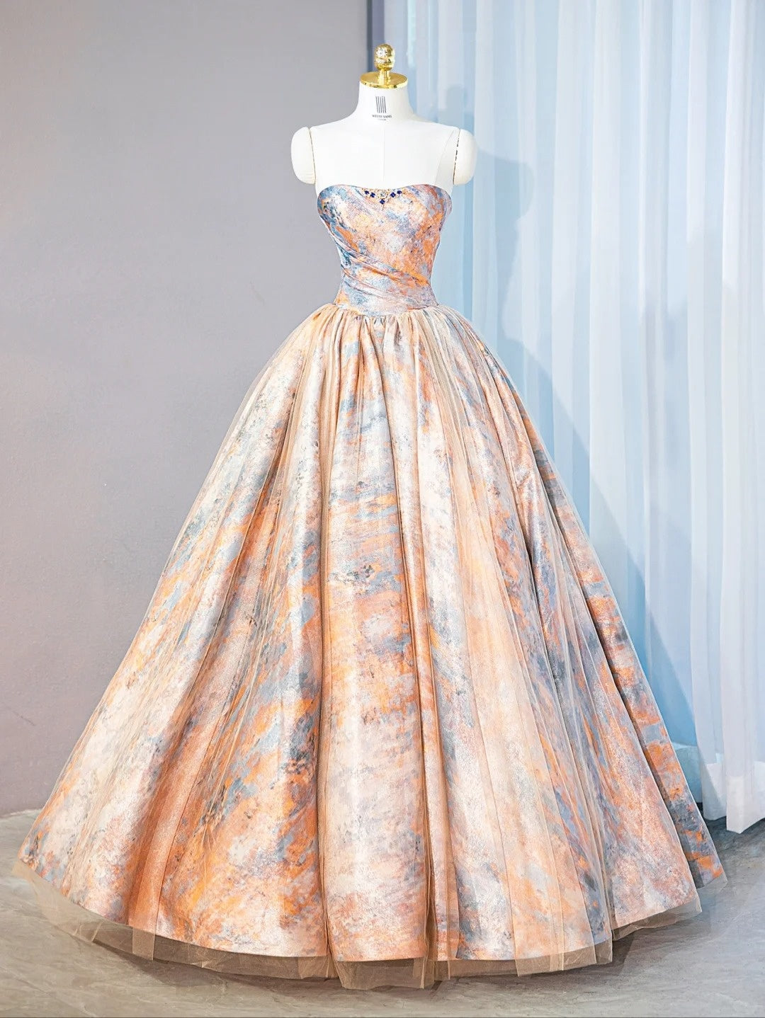 Artistic Orange-Blue Marble Print Sweet 16 Maxi Dress Glittering Rhinestone Strapless Prom Dress AP1068