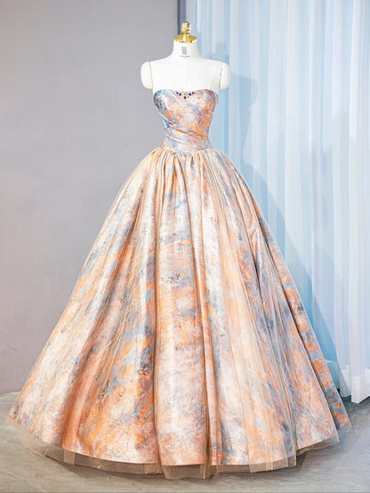 Artistic Orange-Blue Marble Print Sweet 16 Maxi Dress Glittering Rhinestone Strapless Prom Dress AP1068
