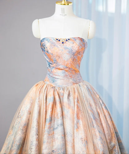 Artistic Orange-Blue Marble Print Sweet 16 Maxi Dress Glittering Rhinestone Strapless Prom Dress AP1068