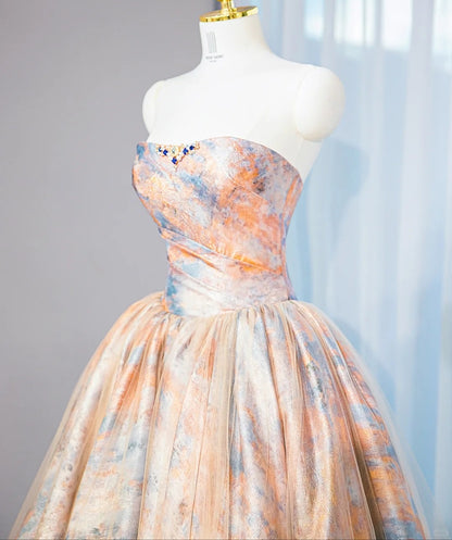 Artistic Orange-Blue Marble Print Sweet 16 Maxi Dress Glittering Rhinestone Strapless Prom Dress AP1068
