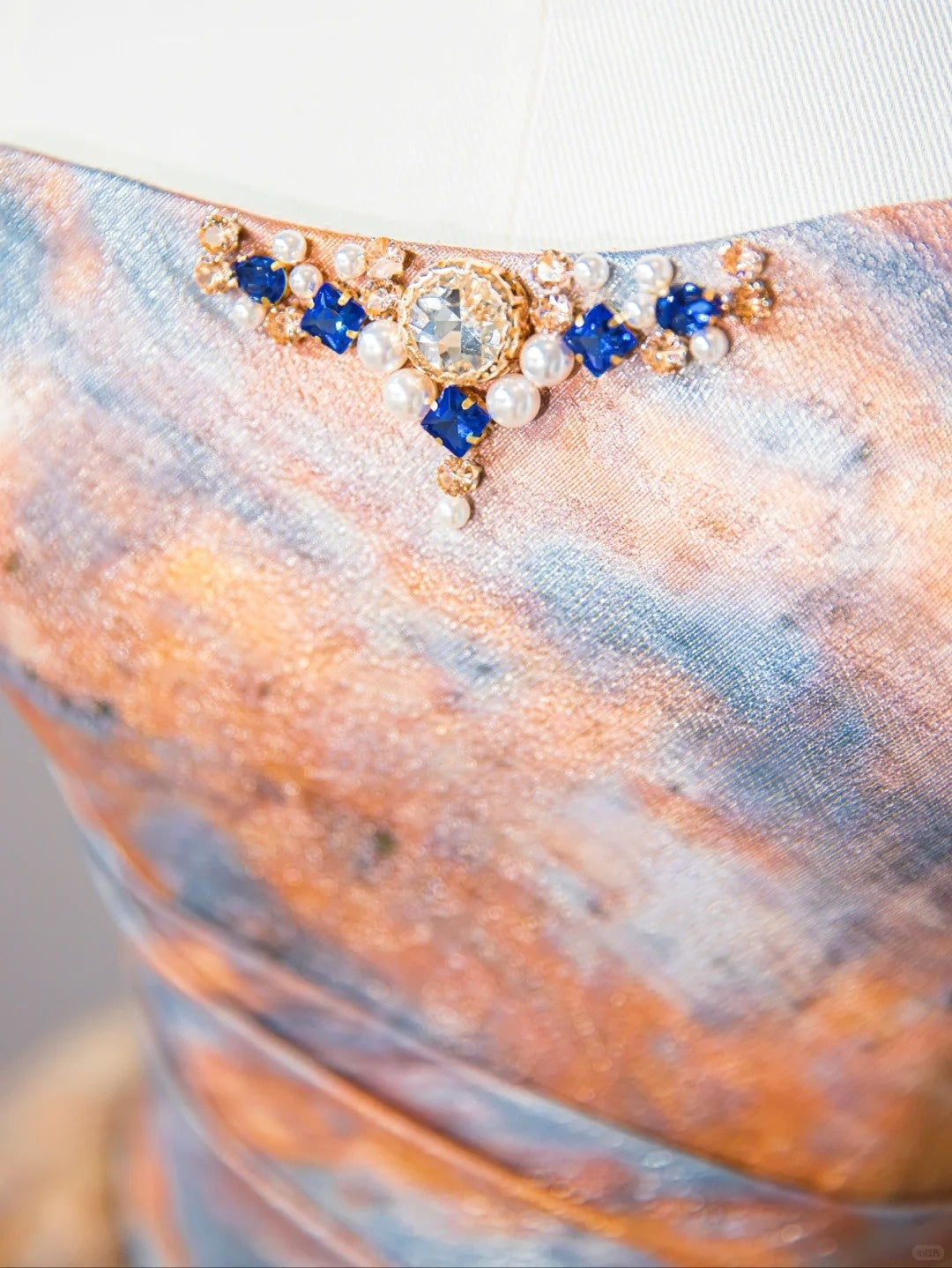 Artistic Orange-Blue Marble Print Sweet 16 Maxi Dress Glittering Rhinestone Strapless Prom Dress AP1068