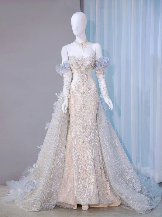 Romantic Handmade Flowers Layered Tulle Ball Gown Beading Off-Shoulder Long Sleeve Wedding Dress AP1069