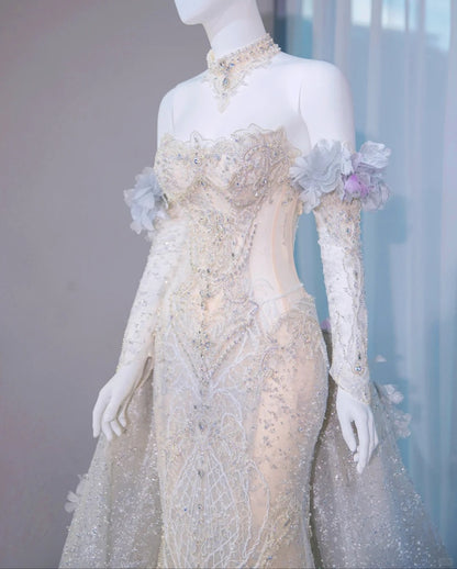 Romantic Handmade Flowers Layered Tulle Ball Gown Beading Off-Shoulder Long Sleeve Wedding Dress AP1069