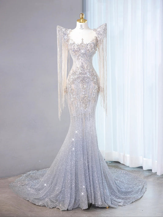Glamorous Silver Sequin Mermaid Maxi Dress Crystal Fringe Sleeves Beading Prom Dress AP1070