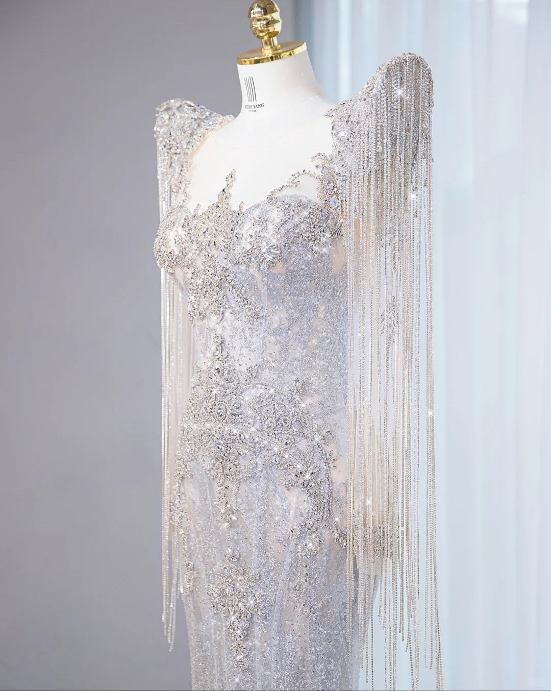 Glamorous Silver Sequin Mermaid Maxi Dress Crystal Fringe Sleeves Beading Prom Dress AP1070