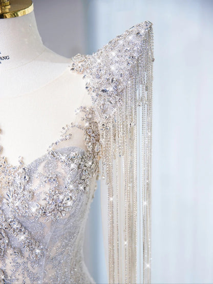 Glamorous Silver Sequin Mermaid Maxi Dress Crystal Fringe Sleeves Beading Prom Dress AP1070