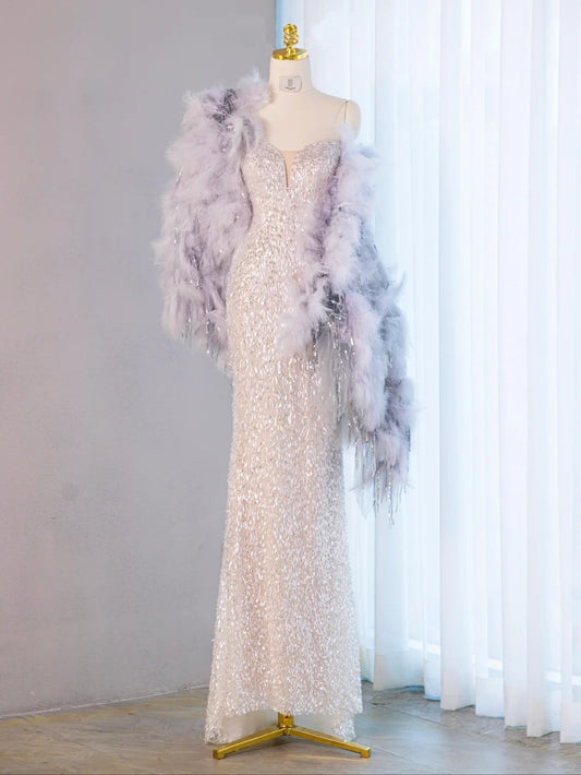 Unique Silver Sequin Mermaid Evening Dress Detachable Lavender Feather Shawl Prom Dress AP1072
