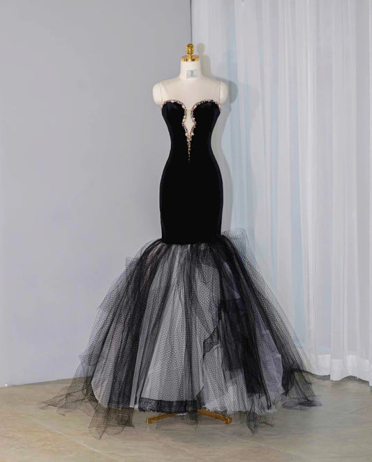 Retro Black Velvet Tulle Splicing Mermaid Evening Dress Beading Strapless Sheath Prom Dress AP1073
