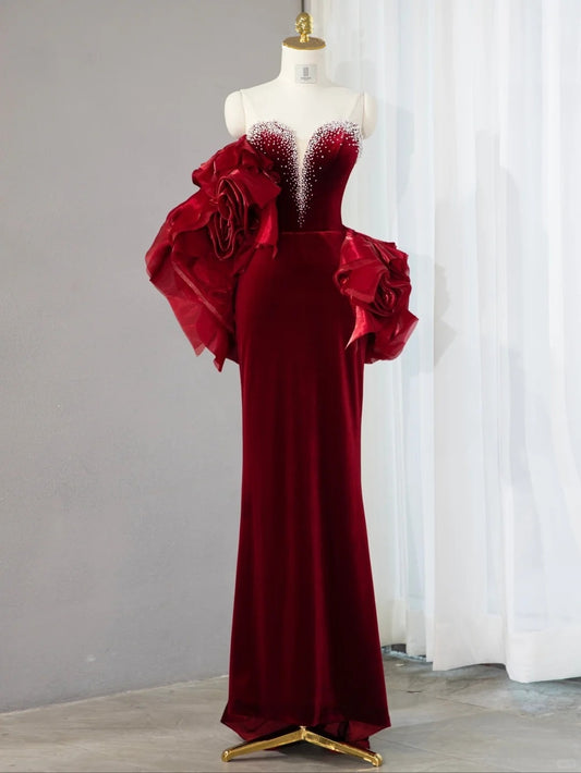 Romantic Burgundy Velvet Beading Accents Mermaid Evening Dress Handcrafted 3D Flowers Strapless Sheath Prom Dress AP1074