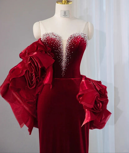 Romantic Burgundy Velvet Beading Accents Mermaid Evening Dress Handcrafted 3D Flowers Strapless Sheath Prom Dress AP1074