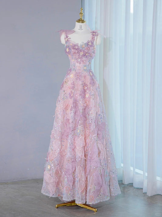 Dreamy Pink & Purple Stereo Flowers Maxi Dress Beaded Spaghetti Straps Prom Dress AP1076