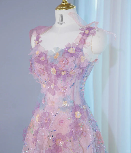 Dreamy Pink & Purple Stereo Flowers Maxi Dress Beaded Spaghetti Straps Prom Dress AP1076