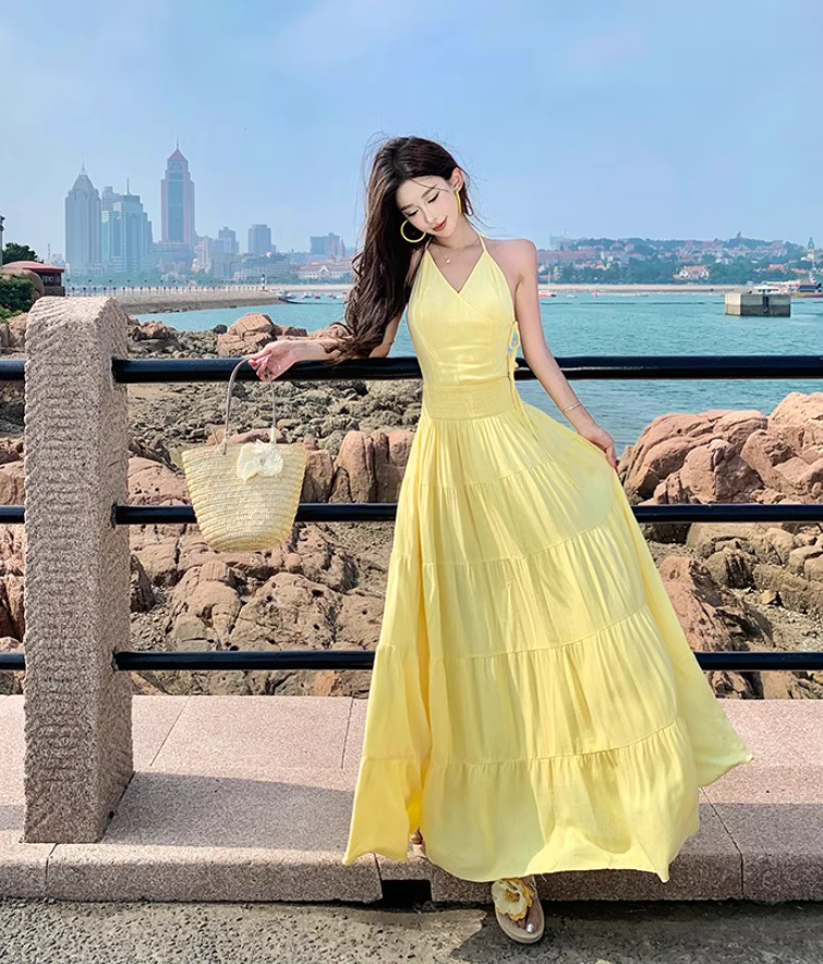 Vibrant Beach Vacation Soft Lightweight Dress V-Neck Flowy Backless Halter Dress AP1077