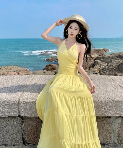 Vibrant Beach Vacation Soft Lightweight Dress V-Neck Flowy Backless Halter Dress AP1077