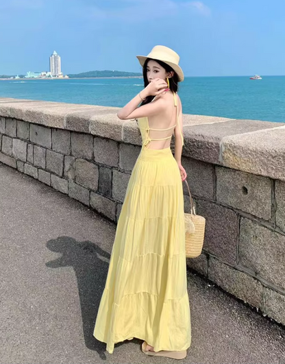 Vibrant Beach Vacation Soft Lightweight Dress V-Neck Flowy Backless Halter Dress AP1077