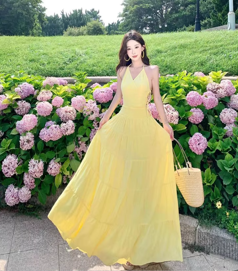 Vibrant Beach Vacation Soft Lightweight Dress V-Neck Flowy Backless Halter Dress AP1077