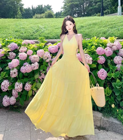 Vibrant Beach Vacation Soft Lightweight Dress V-Neck Flowy Backless Halter Dress AP1077