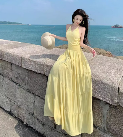 Vibrant Beach Vacation Soft Lightweight Dress V-Neck Flowy Backless Halter Dress AP1077