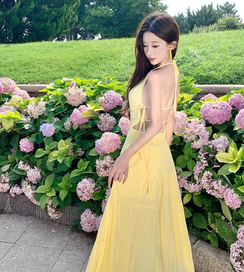 Vibrant Beach Vacation Soft Lightweight Dress V-Neck Flowy Backless Halter Dress AP1077