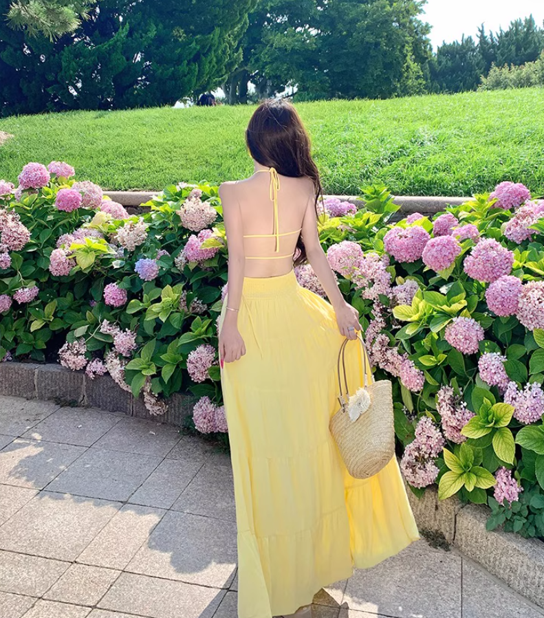 Vibrant Beach Vacation Soft Lightweight Dress V-Neck Flowy Backless Halter Dress AP1077