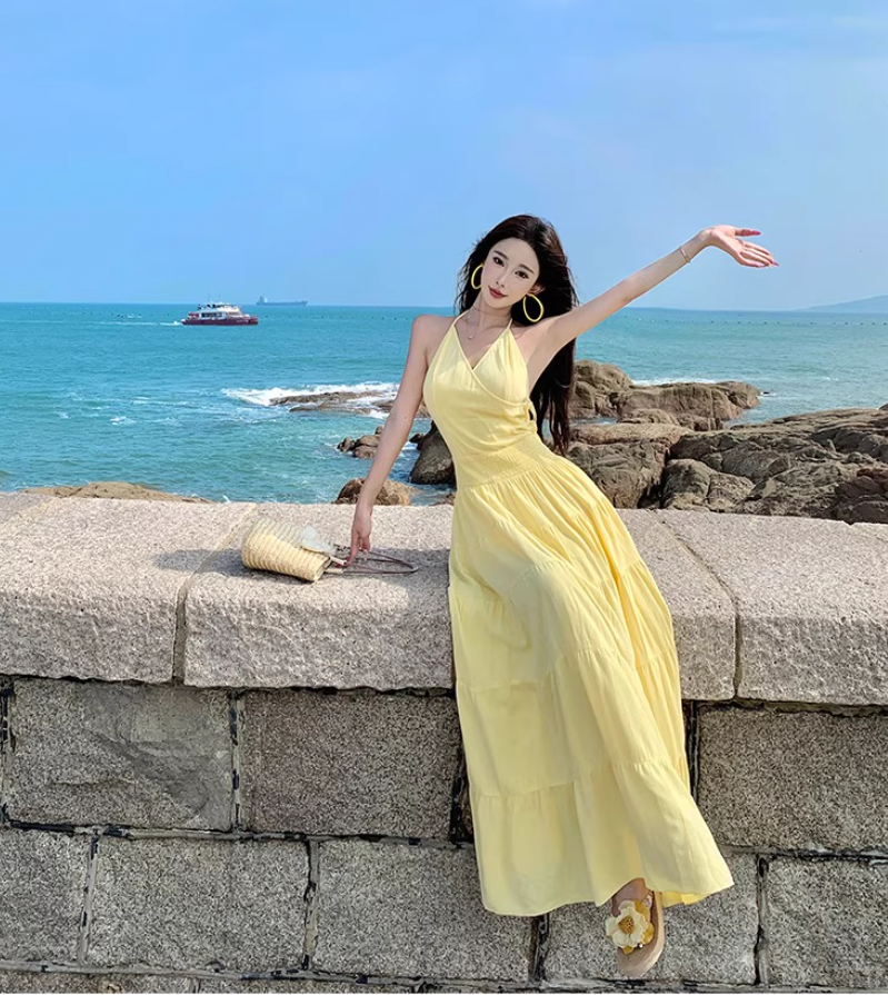 Vibrant Beach Vacation Soft Lightweight Dress V-Neck Flowy Backless Halter Dress AP1077