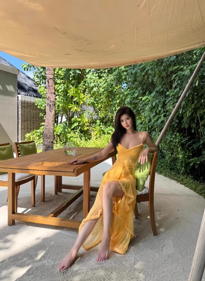 Hot Sale Island Vibes Asymmetric Hem Maxi Dress Ruffled Waist-Cinched Spaghetti Strap Long Dress AP1078