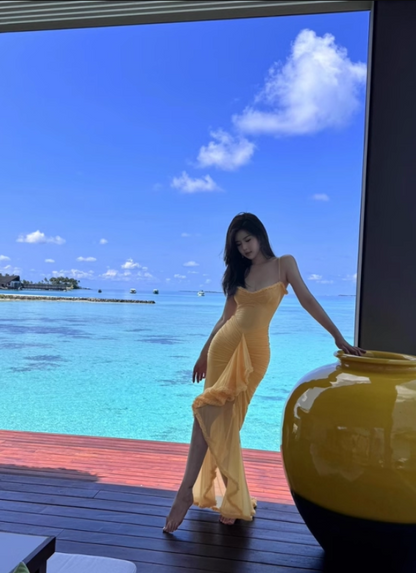 Hot Sale Island Vibes Asymmetric Hem Maxi Dress Ruffled Waist-Cinched Spaghetti Strap Long Dress AP1078