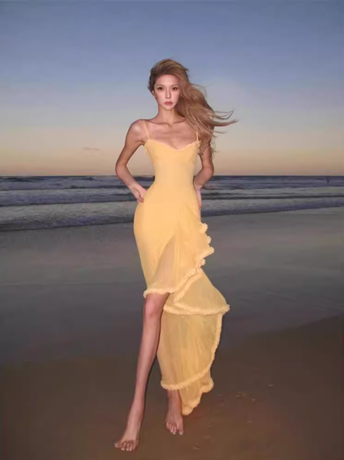 Hot Sale Island Vibes Asymmetric Hem Maxi Dress Ruffled Waist-Cinched Spaghetti Strap Long Dress AP1078