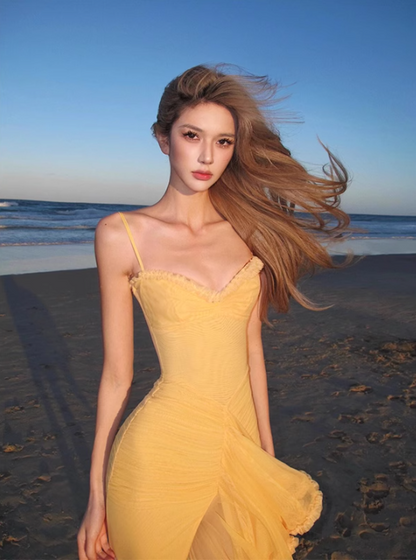 Hot Sale Island Vibes Asymmetric Hem Maxi Dress Ruffled Waist-Cinched Spaghetti Strap Long Dress AP1078