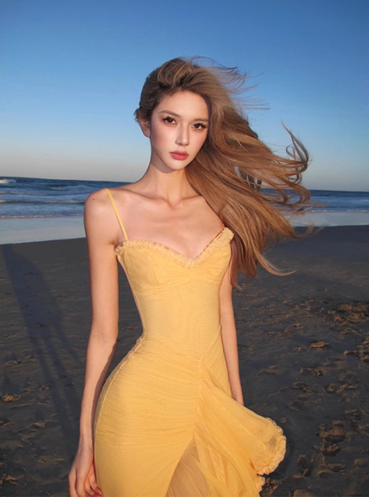 Hot Sale Island Vibes Asymmetric Hem Maxi Dress Ruffled Waist-Cinched Spaghetti Strap Long Dress AP1078