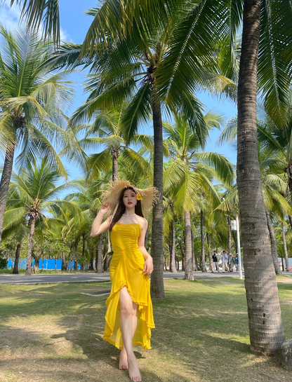 Hot Sale Island Vibes Asymmetric Hem Maxi Dress Ruffled Waist-Cinched Spaghetti Strap Long Dress AP1078