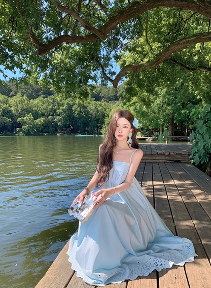 Dreamy Forest-Inspired Hollow-Out Hem Maxi Dress Loose Style Spaghetti Strap Long Dress AP1079