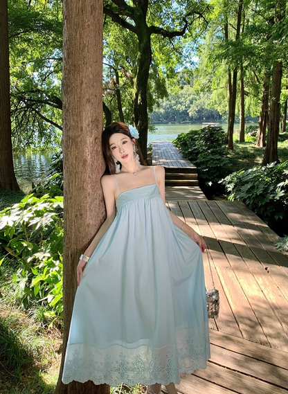 Dreamy Forest-Inspired Hollow-Out Hem Maxi Dress Loose Style Spaghetti Strap Long Dress AP1079