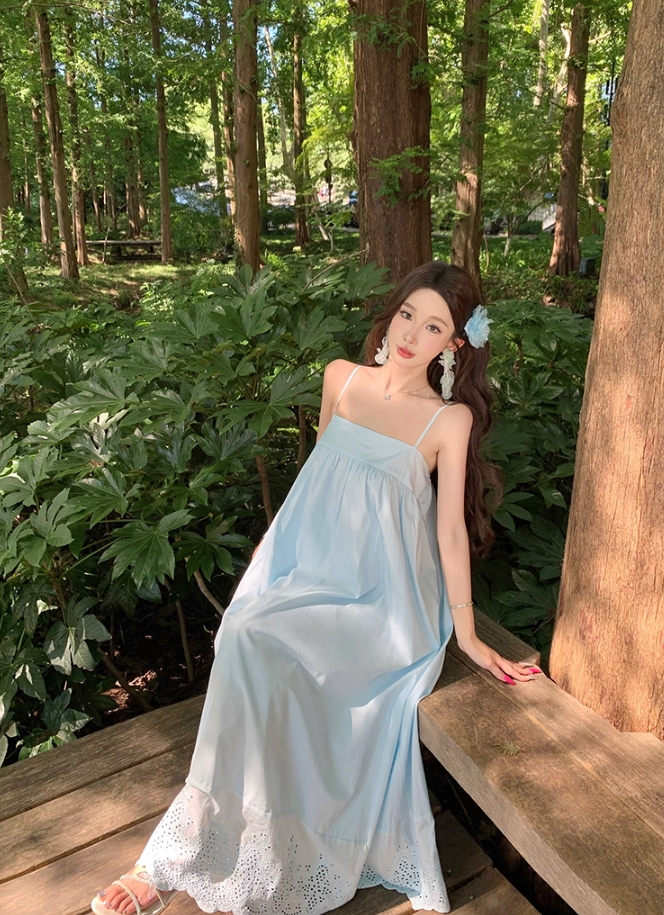 Dreamy Forest-Inspired Hollow-Out Hem Maxi Dress Loose Style Spaghetti Strap Long Dress AP1079