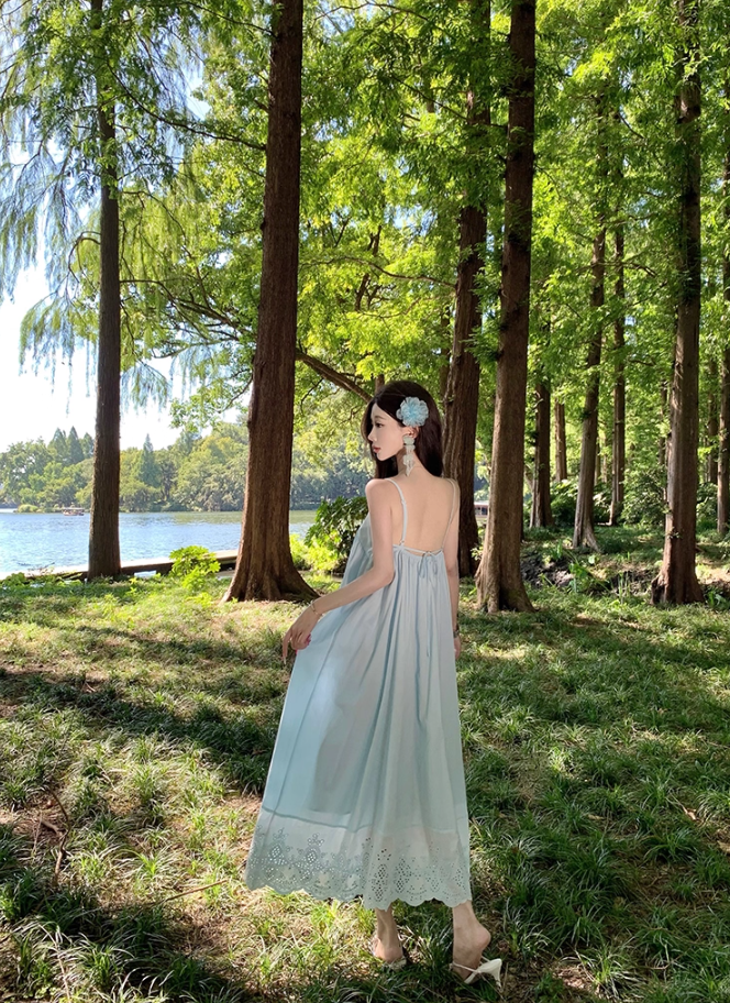 Dreamy Forest-Inspired Hollow-Out Hem Maxi Dress Loose Style Spaghetti Strap Long Dress AP1079