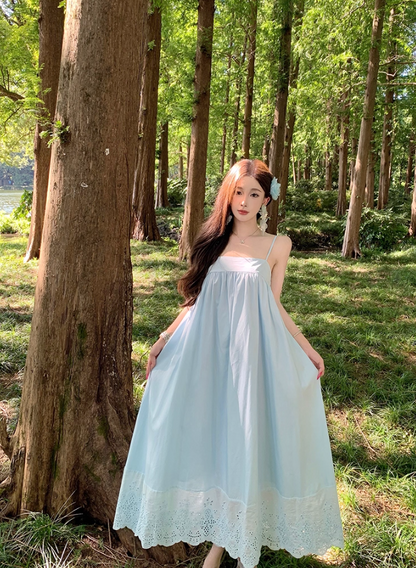 Dreamy Forest-Inspired Hollow-Out Hem Maxi Dress Loose Style Spaghetti Strap Long Dress AP1079