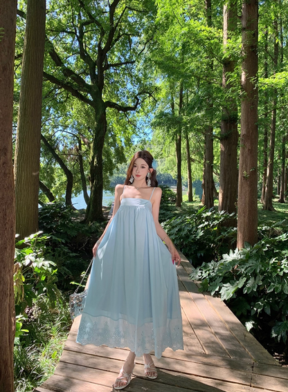 Dreamy Forest-Inspired Hollow-Out Hem Maxi Dress Loose Style Spaghetti Strap Long Dress AP1079