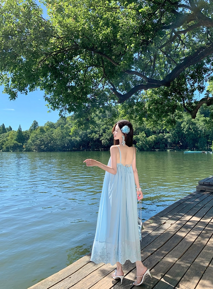 Dreamy Forest-Inspired Hollow-Out Hem Maxi Dress Loose Style Spaghetti Strap Long Dress AP1079