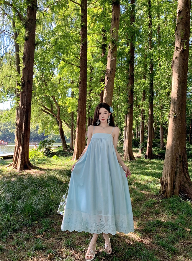 Dreamy Forest-Inspired Hollow-Out Hem Maxi Dress Loose Style Spaghetti Strap Long Dress AP1079