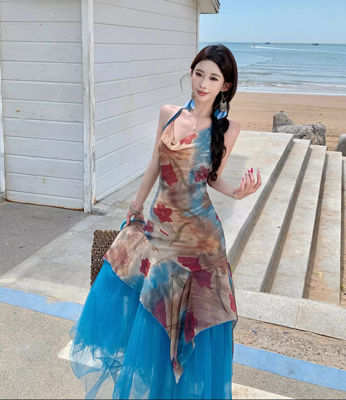 Boho Floral Print Sheath Maxi Dress Asymmetric Hem Flowy Backless Tulle Splicing Halter Dress AP1080