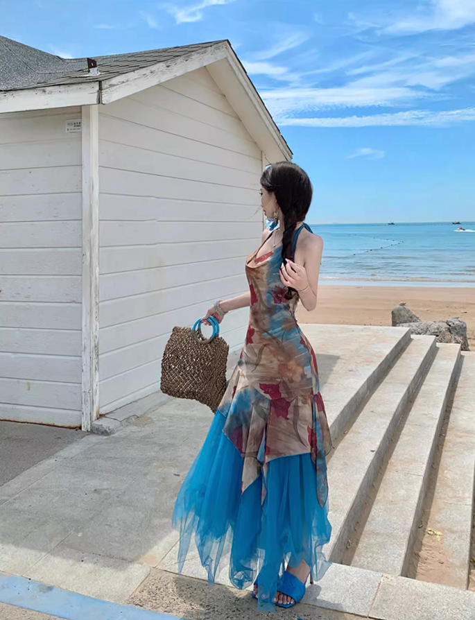 Boho Floral Print Sheath Maxi Dress Asymmetric Hem Flowy Backless Tulle Splicing Halter Dress AP1080