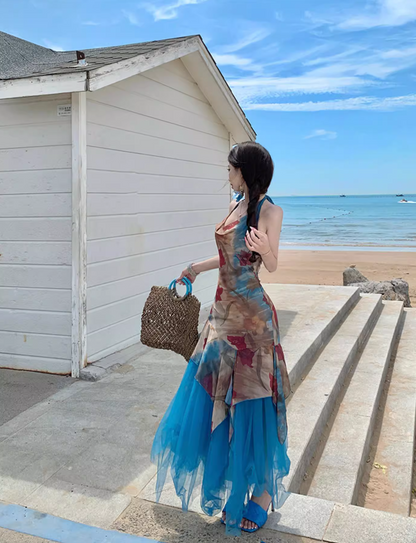 Boho Floral Print Sheath Maxi Dress Asymmetric Hem Flowy Backless Tulle Splicing Halter Dress AP1080