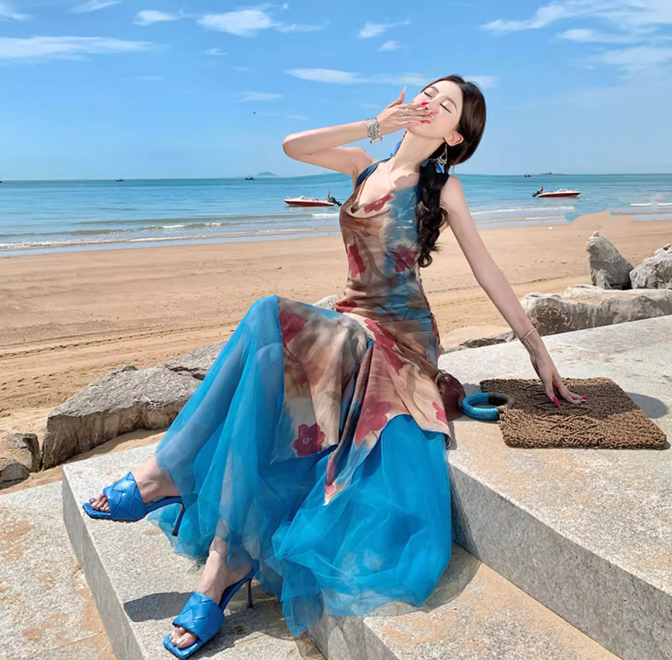 Boho Floral Print Sheath Maxi Dress Asymmetric Hem Flowy Backless Tulle Splicing Halter Dress AP1080