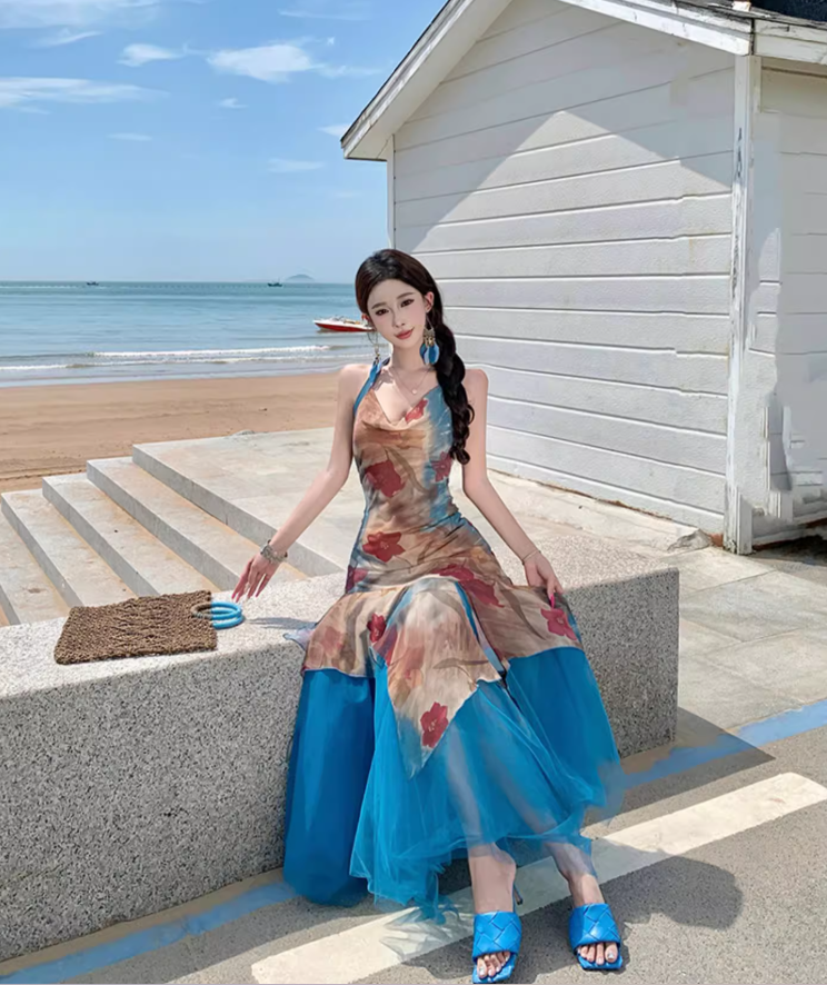 Boho Floral Print Sheath Maxi Dress Asymmetric Hem Flowy Backless Tulle Splicing Halter Dress AP1080