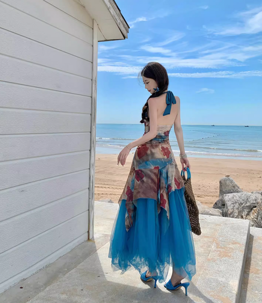 Boho Floral Print Sheath Maxi Dress Asymmetric Hem Flowy Backless Tulle Splicing Halter Dress AP1080