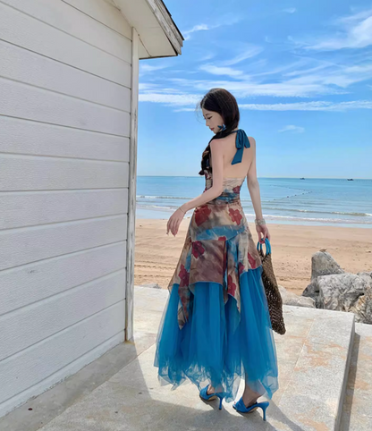 Boho Floral Print Sheath Maxi Dress Asymmetric Hem Flowy Backless Tulle Splicing Halter Dress AP1080