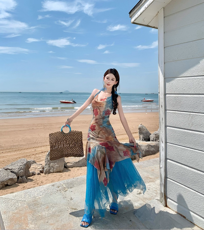 Boho Floral Print Sheath Maxi Dress Asymmetric Hem Flowy Backless Tulle Splicing Halter Dress AP1080