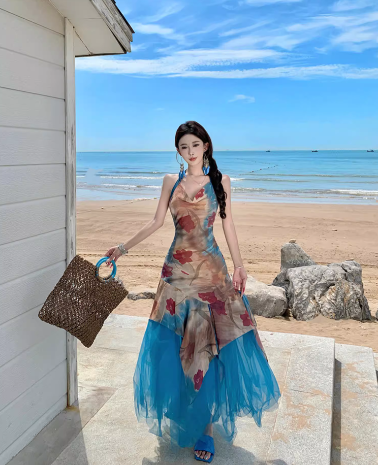 Boho Floral Print Sheath Maxi Dress Asymmetric Hem Flowy Backless Tulle Splicing Halter Dress AP1080