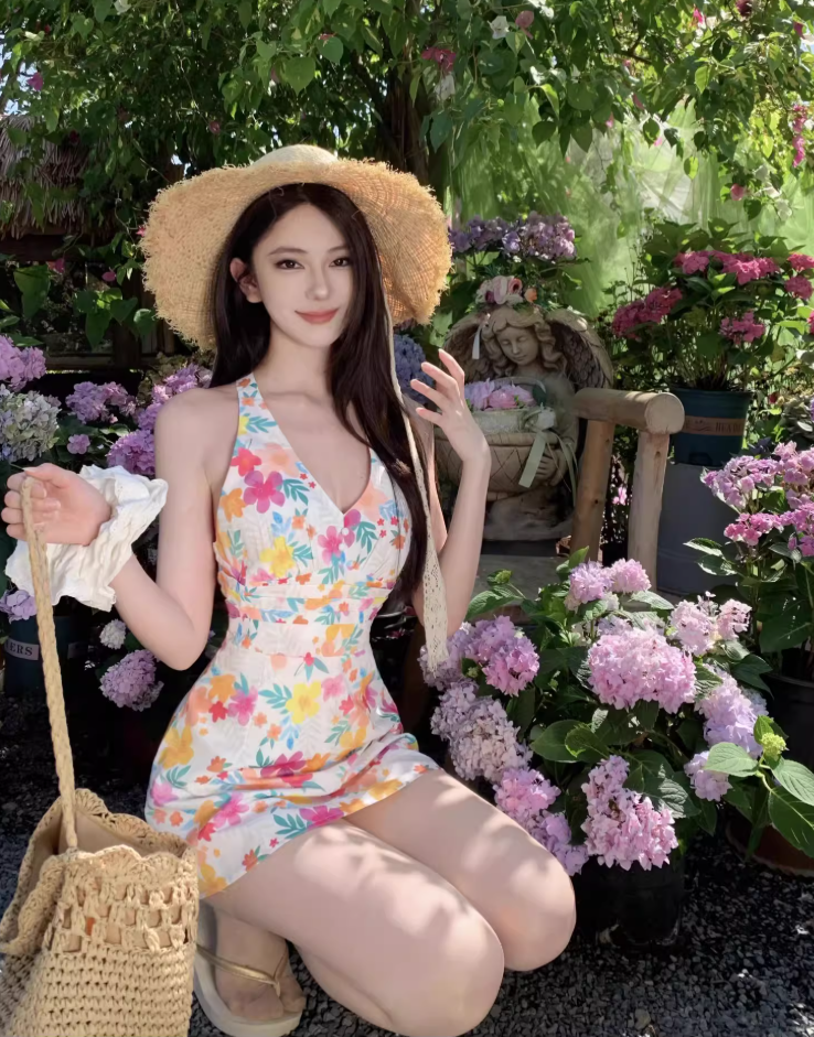 Vibrant Floral Printed V-Neck Mini Dress Refined Backless Close-Fitting Halter Short Dress AP1081