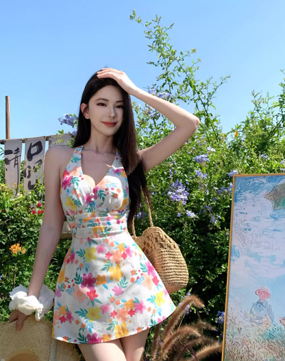 Vibrant Floral Printed V-Neck Mini Dress Refined Backless Close-Fitting Halter Short Dress AP1081